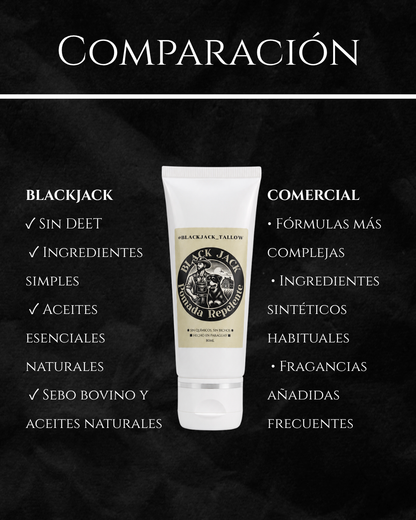 Comparison graphic — Comparación de la Pomada Repelente Black Jack (sin DEET, ingredientes naturales, aceites esenciales) frente a los repelentes comerciales

