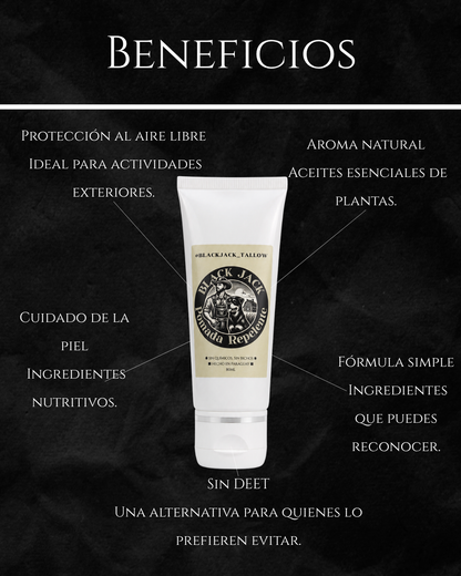 Infografía de beneficios de la Pomada Repelente Black Jack: protección al aire libre, aroma natural, cuidado de la piel, fórmula simple y sin DEET

