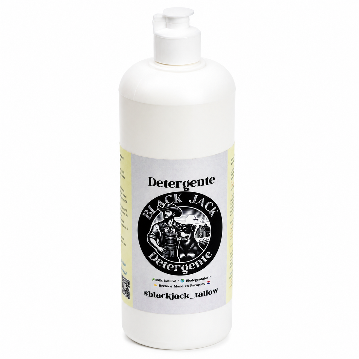 Botella blanca de Lavavajillas Líquido natural Black Jack, 1L, con logo de vaquero y perro, 100% natural, biodegradable, Hecho a Mano en Paraguay


