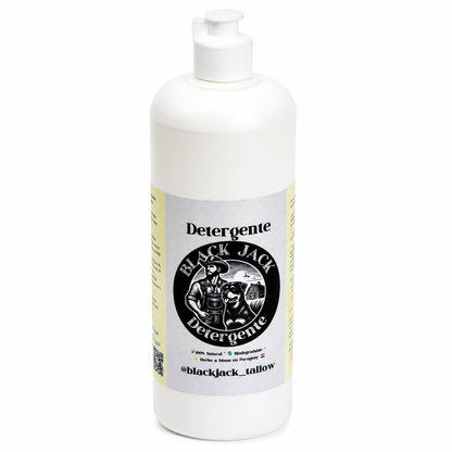 Botella blanca de Lavavajillas Líquido natural Black Jack, 1L, con logo de vaquero y perro, 100% natural, biodegradable, Hecho a Mano en Paraguay

