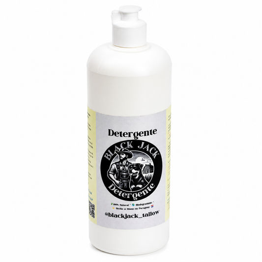 Botella blanca de Lavavajillas Líquido natural Black Jack, 1L, con logo de vaquero y perro, 100% natural, biodegradable, Hecho a Mano en Paraguay

