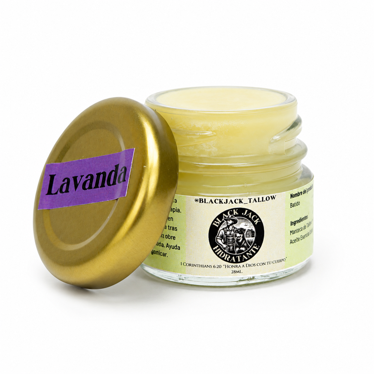 Frasco abierto de 28ml de crema hidratante sólida Black Jack Tallow aroma Lavanda mostrando la textura del bálsamo

