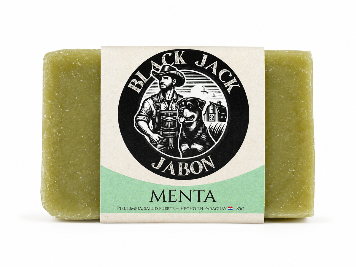 Jabón artesanal Black Jack aroma Menta, 85g, banda menta, hecho en Paraguay

