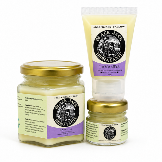 Crema hidratante sólida Black Jack Tallow aroma Lavanda en tres tamaños: frasco 200ml, tubo 30ml y frasco 28ml


