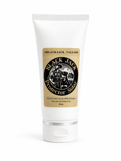 Tubo blanco de 80ml de Protector Solar natural Black Jack Tallow con etiqueta dorada, Hecho en Paraguay


