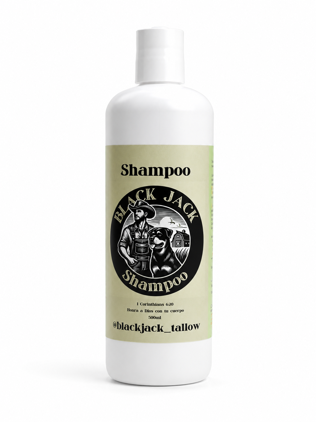 Botella blanca de 500ml de Shampoo natural Black Jack Tallow con etiqueta verde y logo

