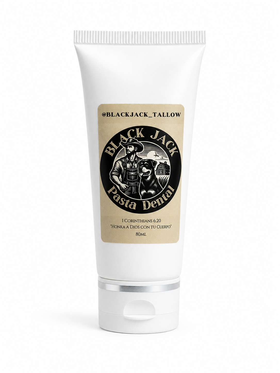 Tubo blanco de 80ml de Pasta Dental Black Jack Tallow con etiqueta dorada y verso 1 Corintios 6:20, Hecho en Paraguay

