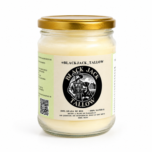 Frasco de Grasa de Res Premium Black Jack Tallow 500g sobre fondo blanco
