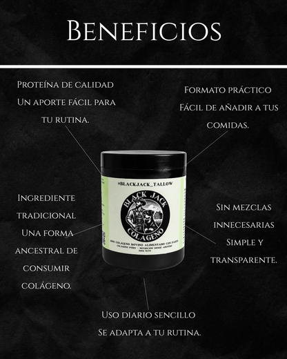 Infografía de beneficios del Colágeno Black Jack Tallow: proteína de calidad, formato práctico e ingrediente tradicional

