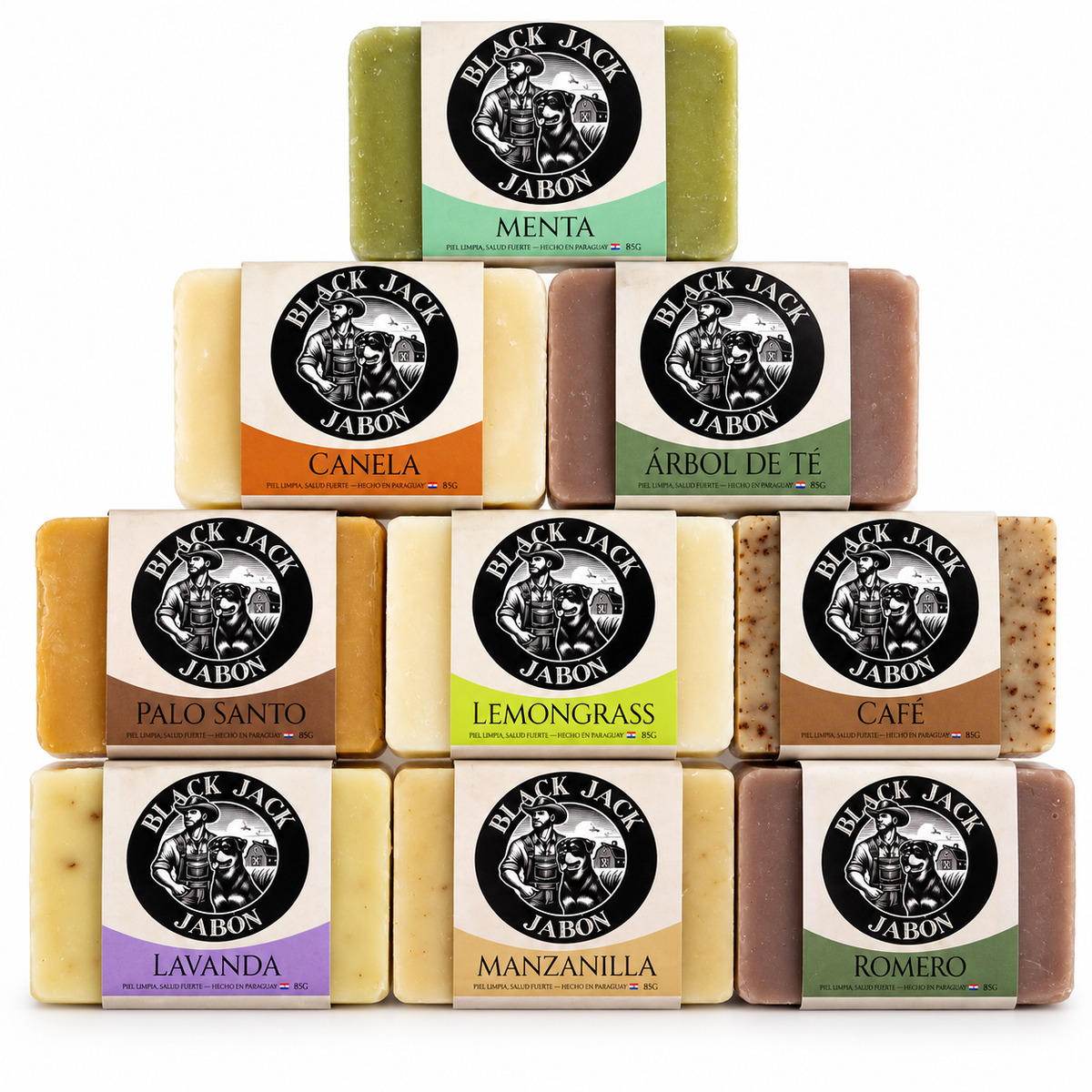 Colección de jabones artesanales Black Jack apilados en pirámide, mostrando todos los aromas disponibles, hechos en Paraguay

