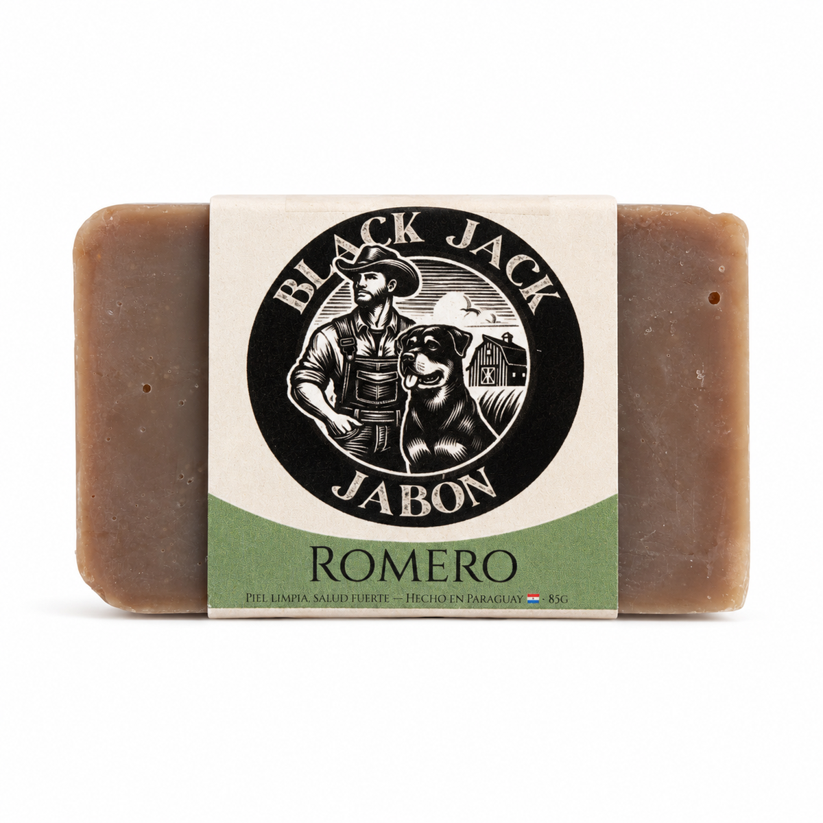 Jabón artesanal Black Jack aroma Romero, 85g, banda verde, hecho en Paraguay

