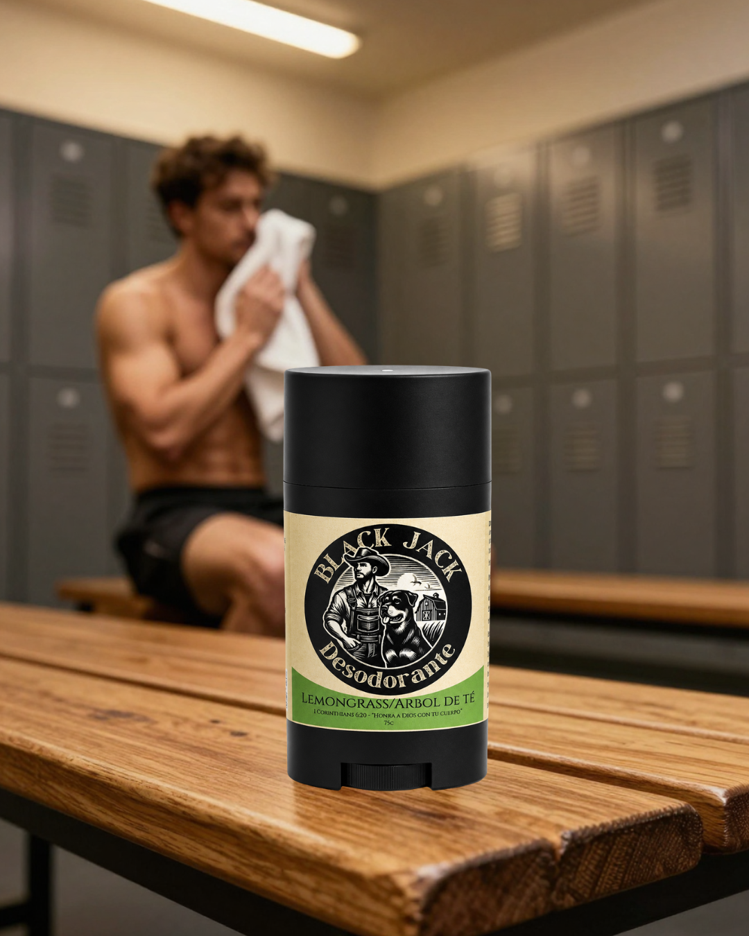 Desodorante Black Jack Lemongrass y Árbol de Té en primer plano, con un hombre secándose con una toalla después de entrenar en el gimnasio al fondo

