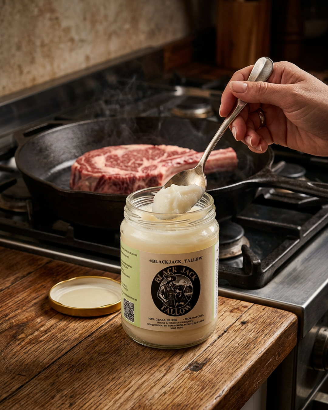 Frasco de Black Jack Tallow junto a carnes a la parrilla en un asado al aire libre.