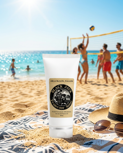 Tubo de Protector Solar Black Jack Tallow sobre una toalla en la playa, con sombrero y gafas de sol, día soleado de verano

