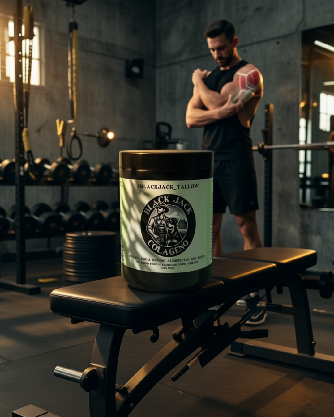 Frasco de Colágeno Black Jack Tallow sobre un banco de gimnasio, ideal para personas activas