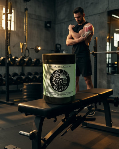 Frasco de Colágeno Black Jack Tallow sobre un banco de gimnasio, ideal para personas activas