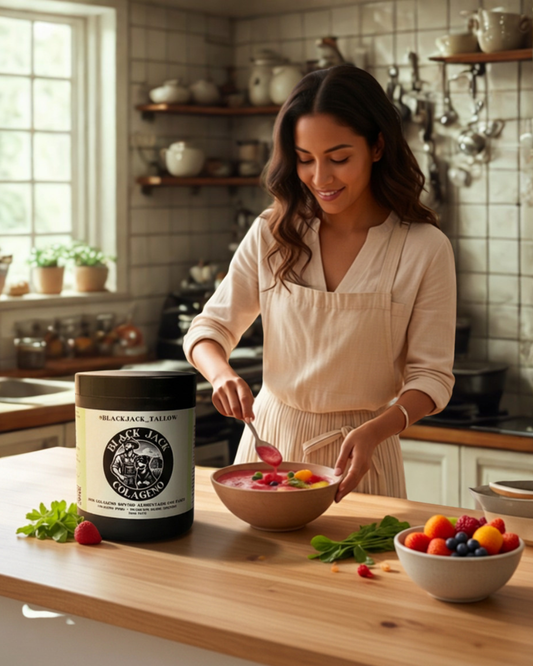 Colágeno Black Jack Tallow mezclado en un batido de frutas, junto a fresas y bayas frescas en la cocina