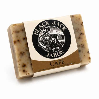 Jabón artesanal Black Jack aroma Palo Santo, 85g, banda marrón, hecho en Paraguay

