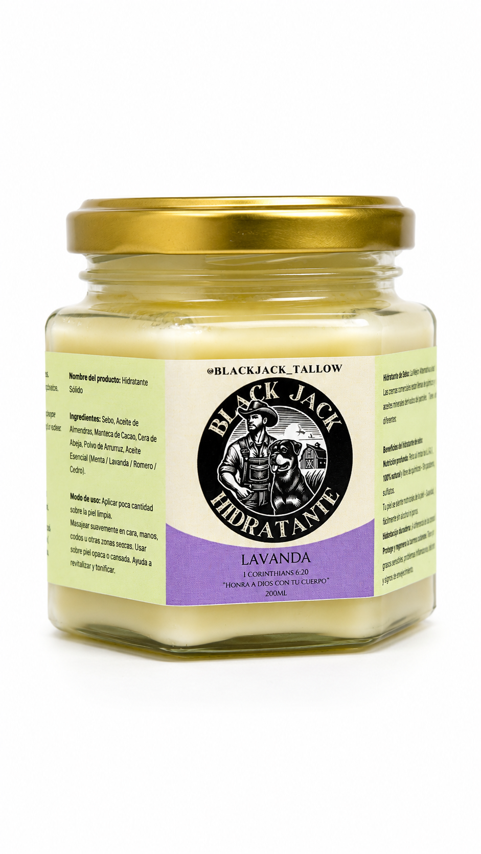 Frasco de 200ml de crema hidratante sólida Black Jack Tallow aroma Lavanda con tapa dorada

