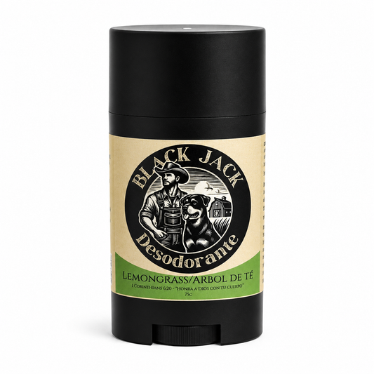 Barra de Desodorante natural Black Jack aroma Lemongrass y Árbol de Té, 75g, envase negro con etiqueta dorada y verde, Hecho en Paraguay

