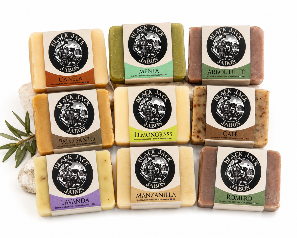 Colección completa de jabones artesanales Black Jack: Canela, Menta, Árbol de Té, Palo Santo, Lemongrass, Café, Lavanda, Manzanilla y Romero, sobre fondo blanco


