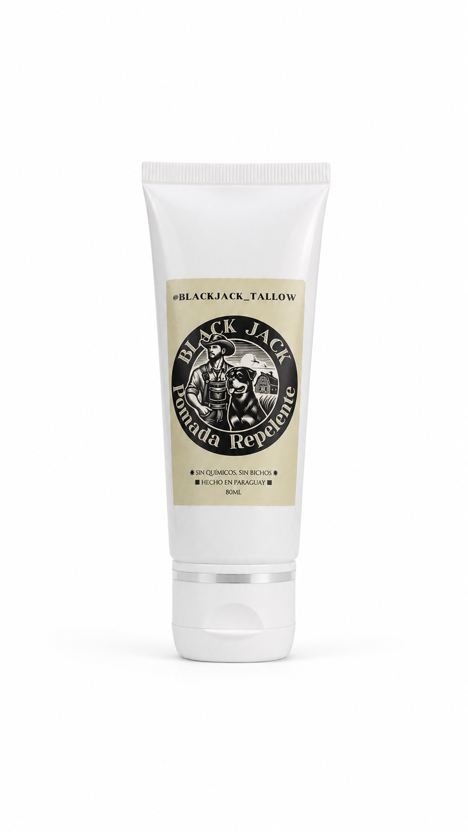 Tubo blanco de 80ml de Pomada Repelente Black Jack con etiqueta dorada, sin químicos, sin bichos, Hecho en Paraguay

