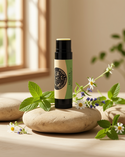 Tubo de bálsamo labial natural Black Jack Tallow en un entorno natural al aire libre

