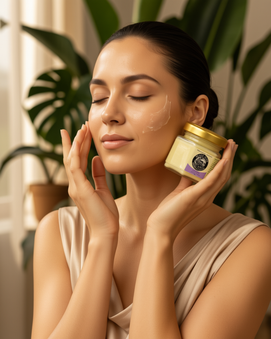 Mujer aplicando crema hidratante sólida Black Jack Tallow en el rostro, sosteniendo el frasco


