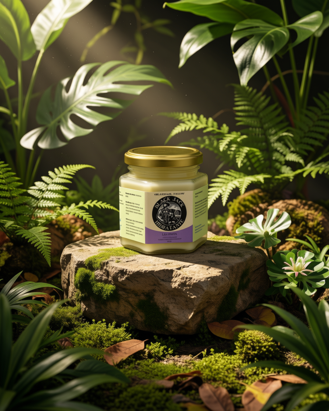 Frasco de crema hidratante sólida Black Jack Tallow sobre una piedra cubierta de musgo rodeada de vegetación natural


