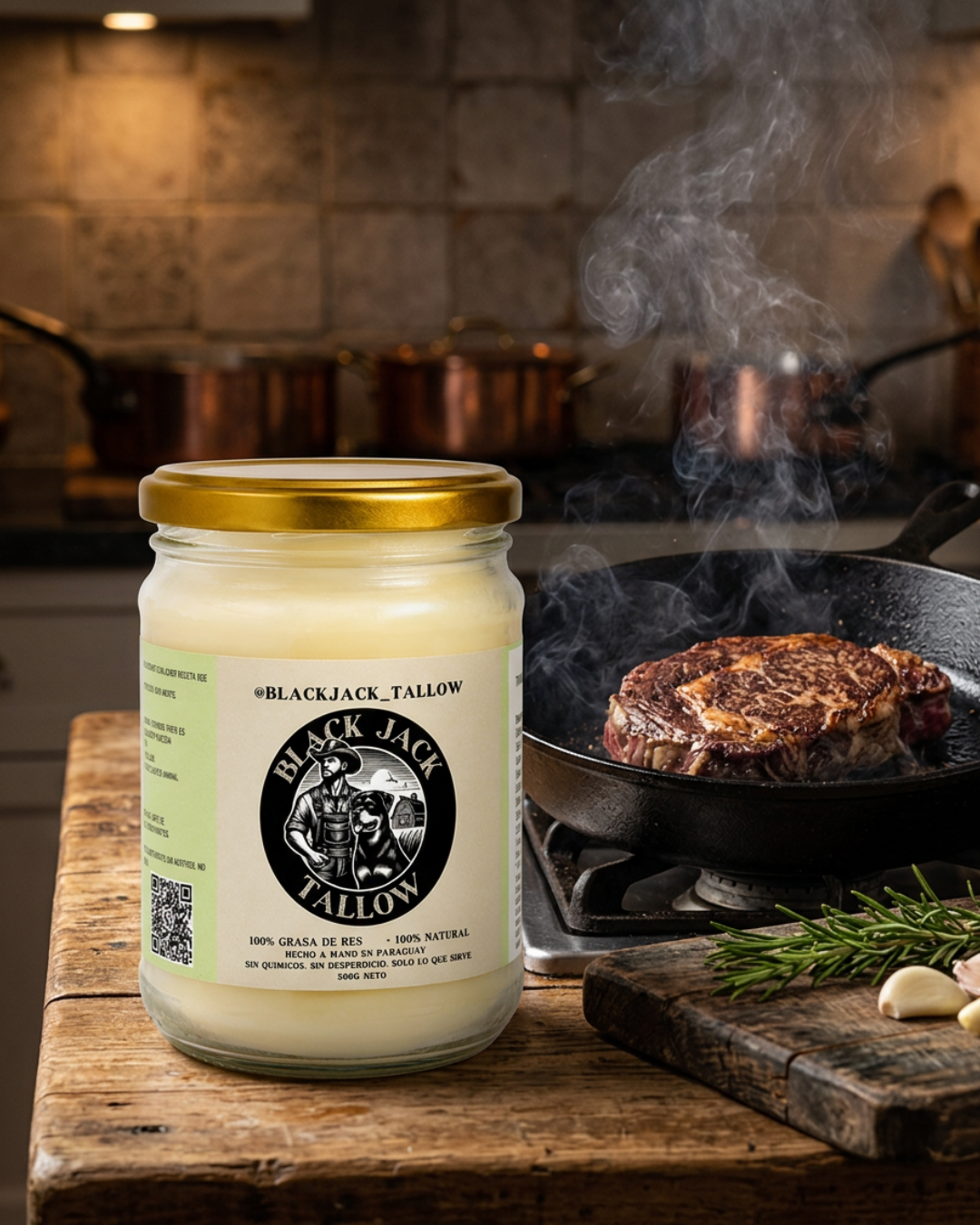 Frasco de sebo bovino Black Jack Tallow junto a un bife jugoso cocinándose en sartén de hierro