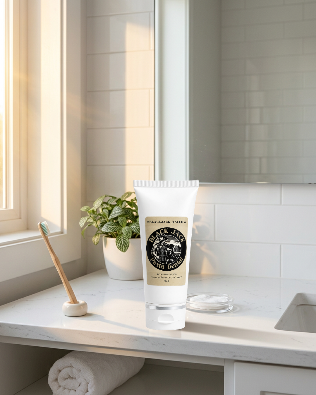 Tubo de Pasta Dental Black Jack Tallow sobre una repisa de baño junto a un cepillo de dientes, ambiente natural

