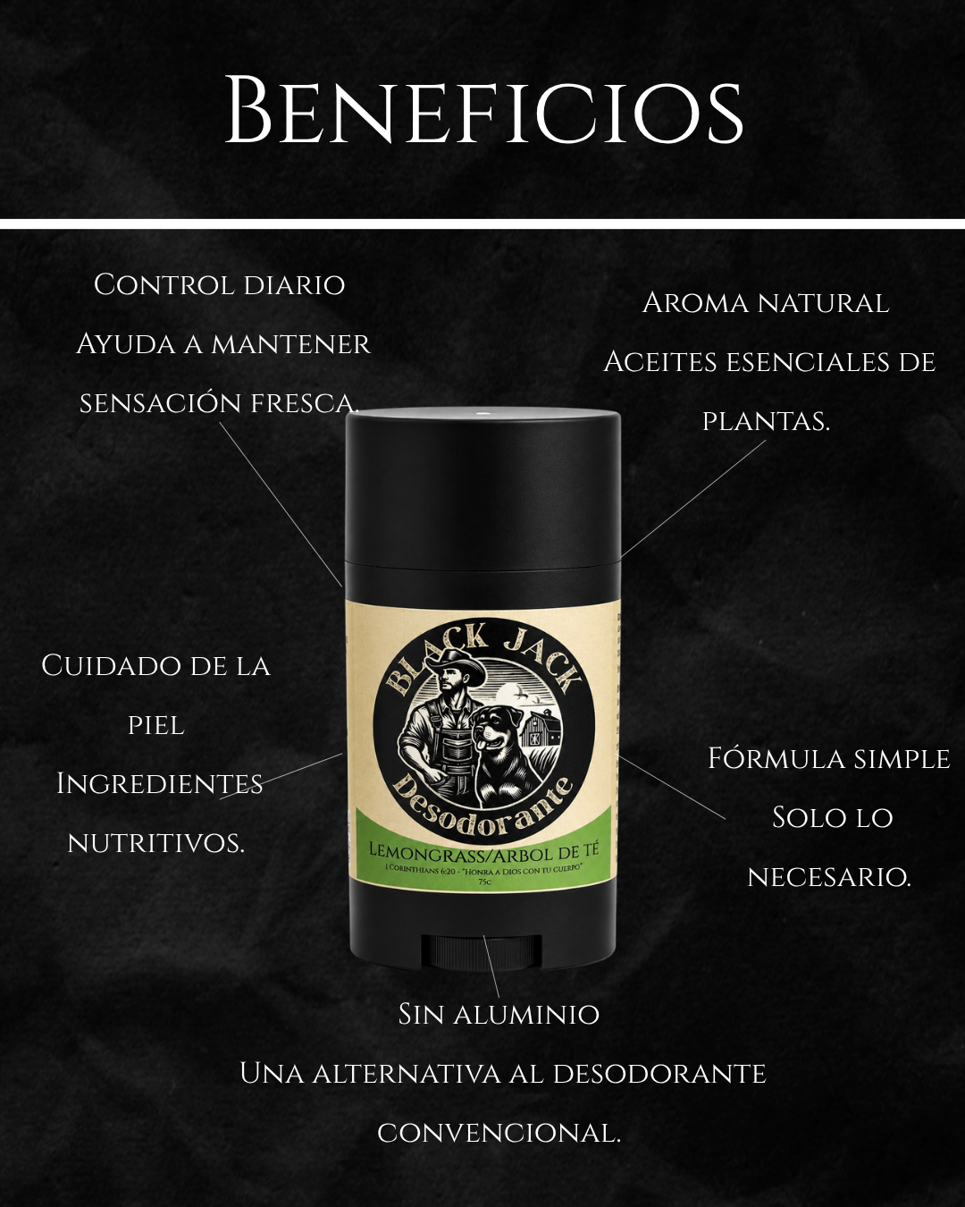 Infografía de beneficios del Desodorante Black Jack: control diario, aroma natural, cuidado de la piel, fórmula simple y sin aluminio