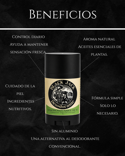 Infografía de beneficios del Desodorante Black Jack: control diario, aroma natural, cuidado de la piel, fórmula simple y sin aluminio